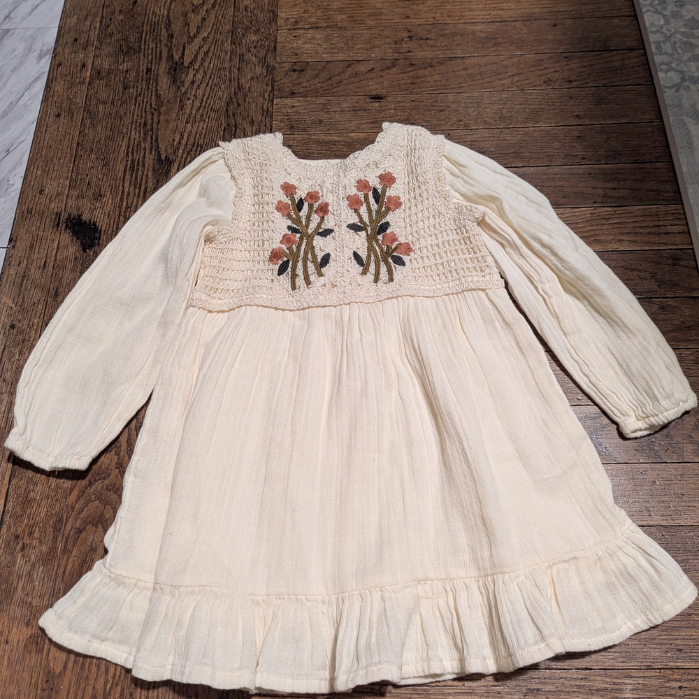 Cream Floral Embroidered Kids Dress